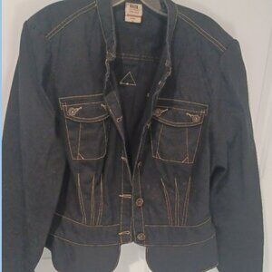 Faded Glory Plus Size Black Denim Soldier Creme Stitched Long Sleeve Jacket 18